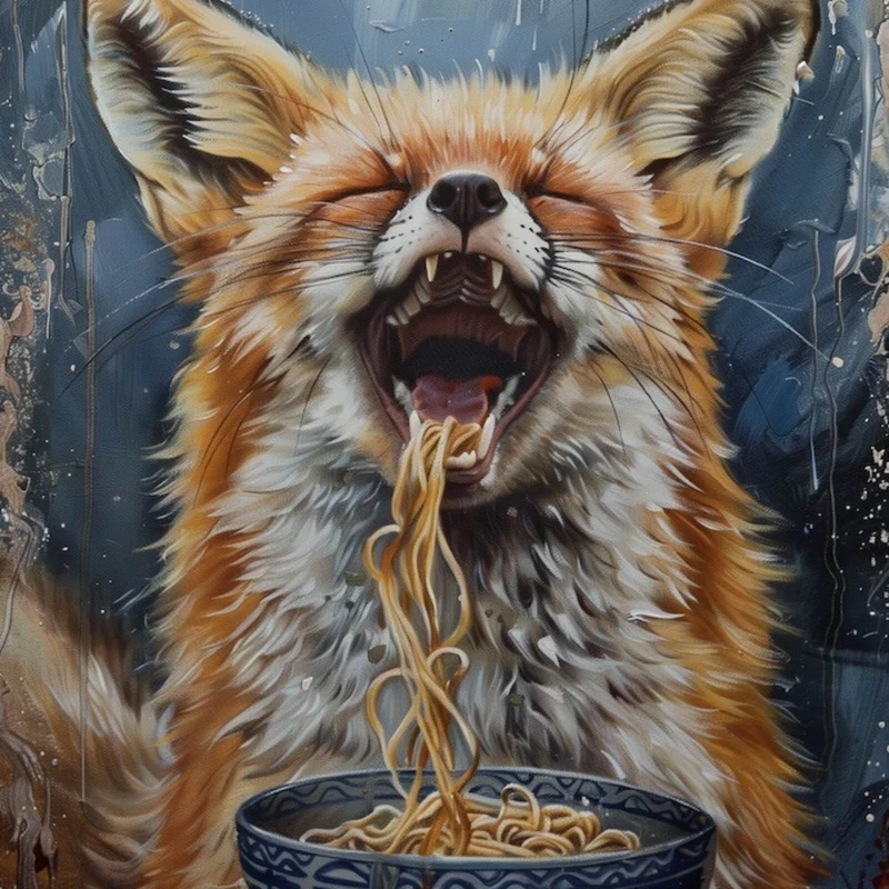Poster Fuchs genießt lachend eine Schüssel mit Nudeln Quadrat