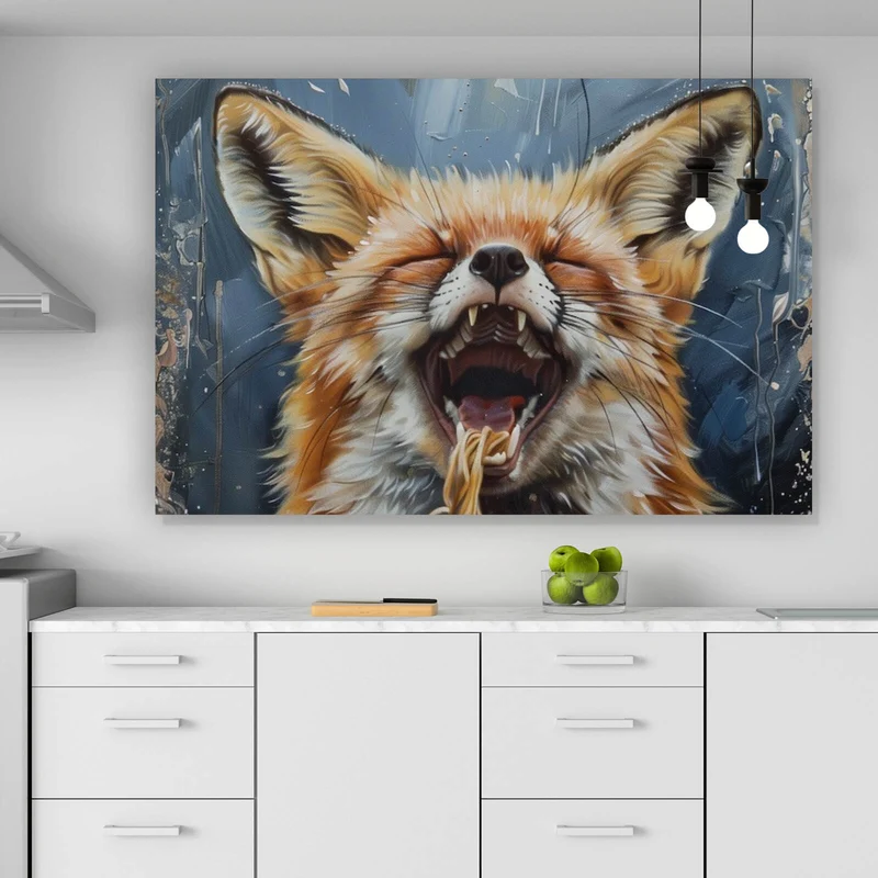 Poster Fuchs genießt lachend eine Schüssel mit Nudeln Querformat
