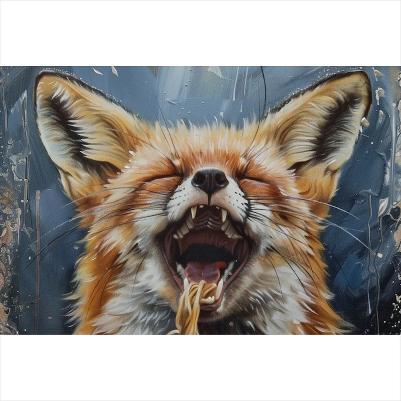 Poster Fuchs genießt lachend eine Schüssel mit Nudeln Querformat