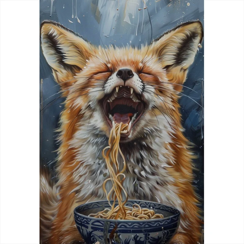 Acrylglasbild Fuchs genießt lachend eine Schüssel mit Nudeln Hochformat