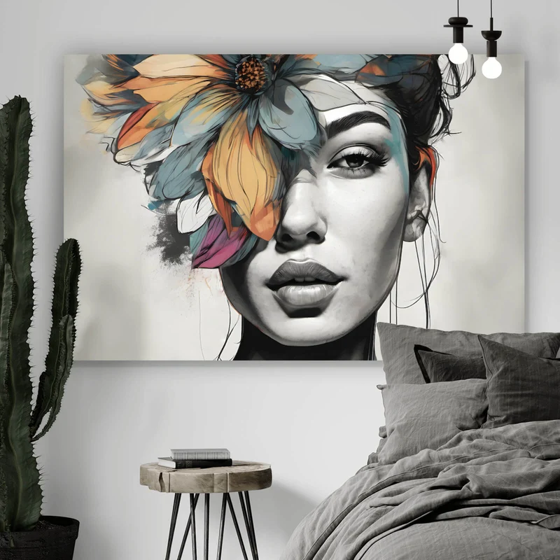 Spannrahmenbild Abstraktes Frauenportrait mit Blumenkrone Querformat