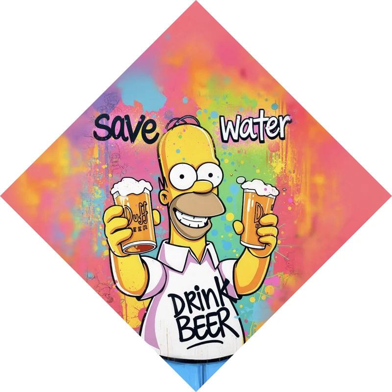 Aluminiumbild Gelbe Comicfigur mit Spruch Save Water Drink Beer Raute