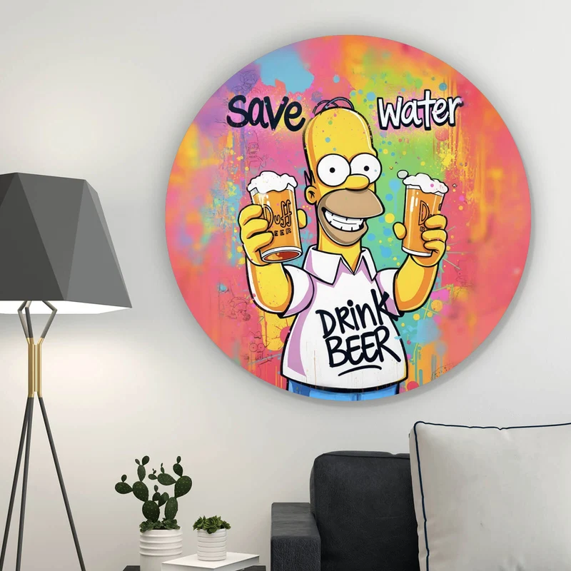 Aluminiumbild gebürstet Gelbe Comicfigur mit Spruch Save Water Drink Beer Kreis