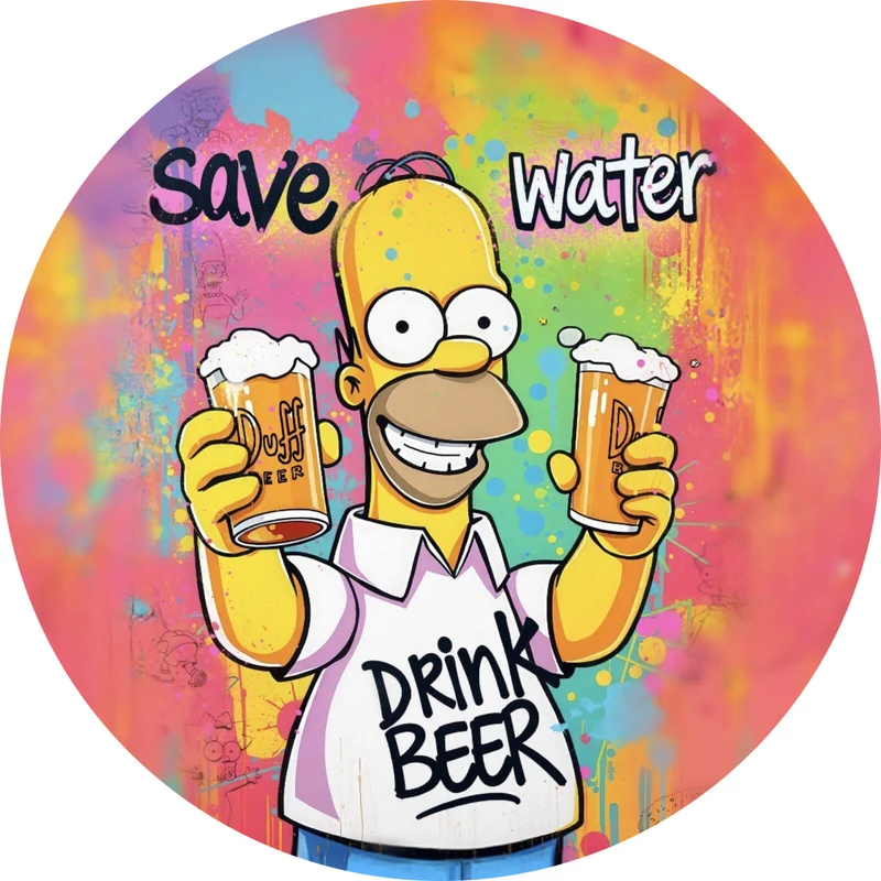 Aluminiumbild Gelbe Comicfigur mit Spruch Save Water Drink Beer Kreis