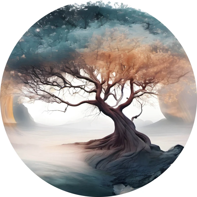 Aluminiumbild Surrealer Baum im Nebel Kreis