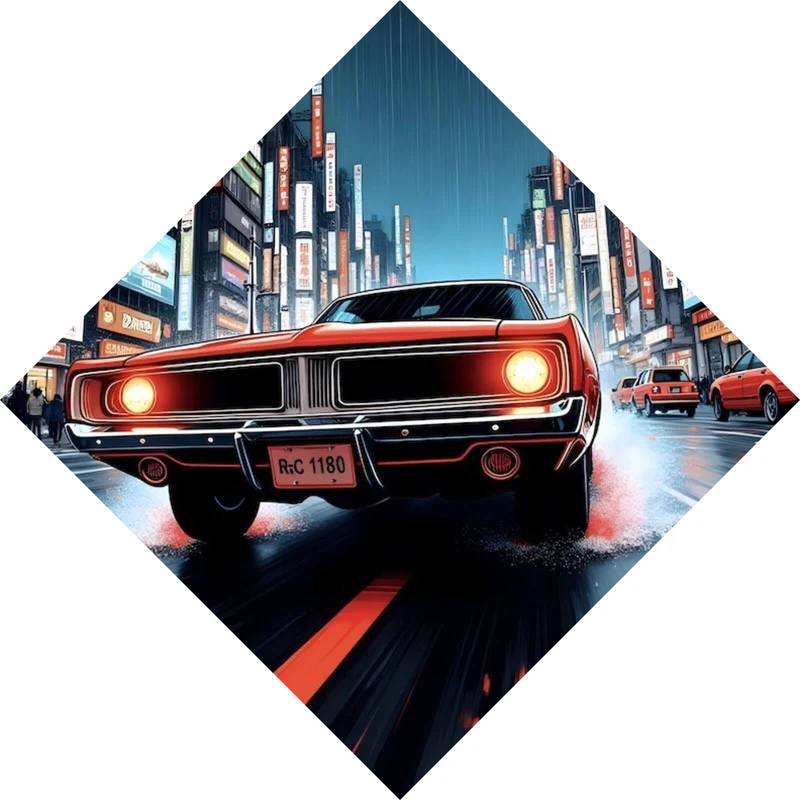 Spannrahmenbild Klassisches Auto fährt durch neonbeleuchtete Großstadt bei Regen Raute