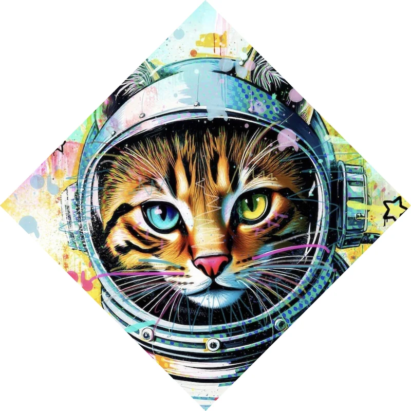 Aluminiumbild Bunte Astronautenkatze mit Pop Art Hintergrund Raute
