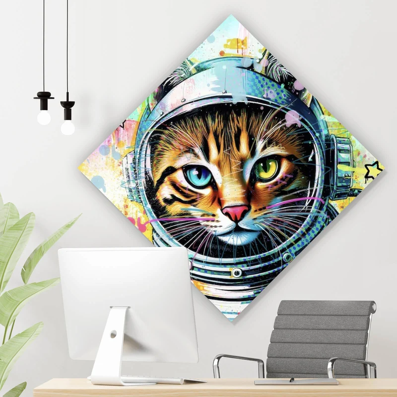 Leinwandbild Bunte Astronautenkatze mit Pop Art Hintergrund Raute