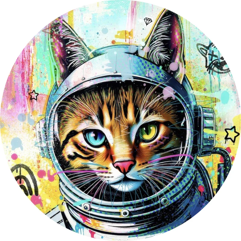 Aluminiumbild gebürstet Bunte Astronautenkatze mit Pop Art Hintergrund Kreis