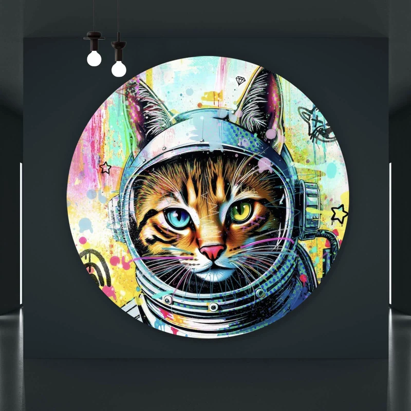 Aluminiumbild Bunte Astronautenkatze mit Pop Art Hintergrund Kreis