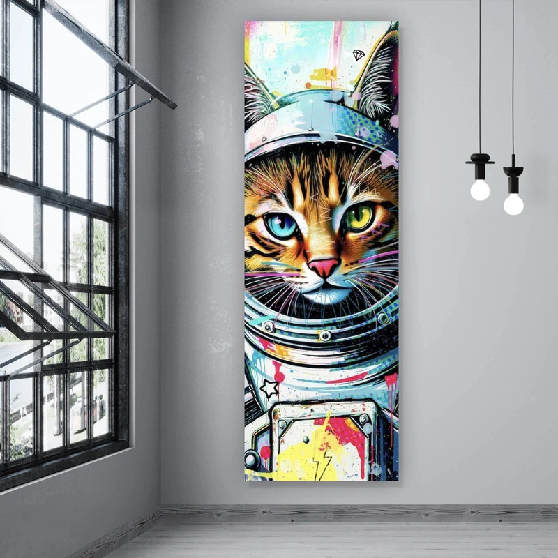 Aluminiumbild gebürstet Bunte Astronautenkatze mit Pop Art Hintergrund Panorama Hoch