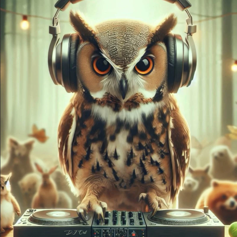 Spannrahmenbild Eule als DJ mit Kopfhörern Quadrat