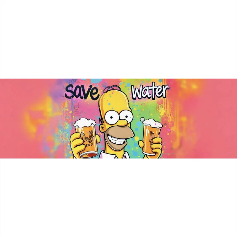 Aluminiumbild gebürstet Gelbe Comicfigur mit Spruch Save Water Drink Beer Panorama