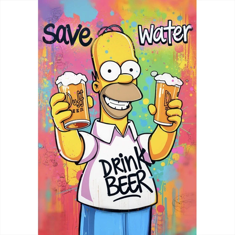Aluminiumbild Gelbe Comicfigur mit Spruch Save Water Drink Beer Hochformat