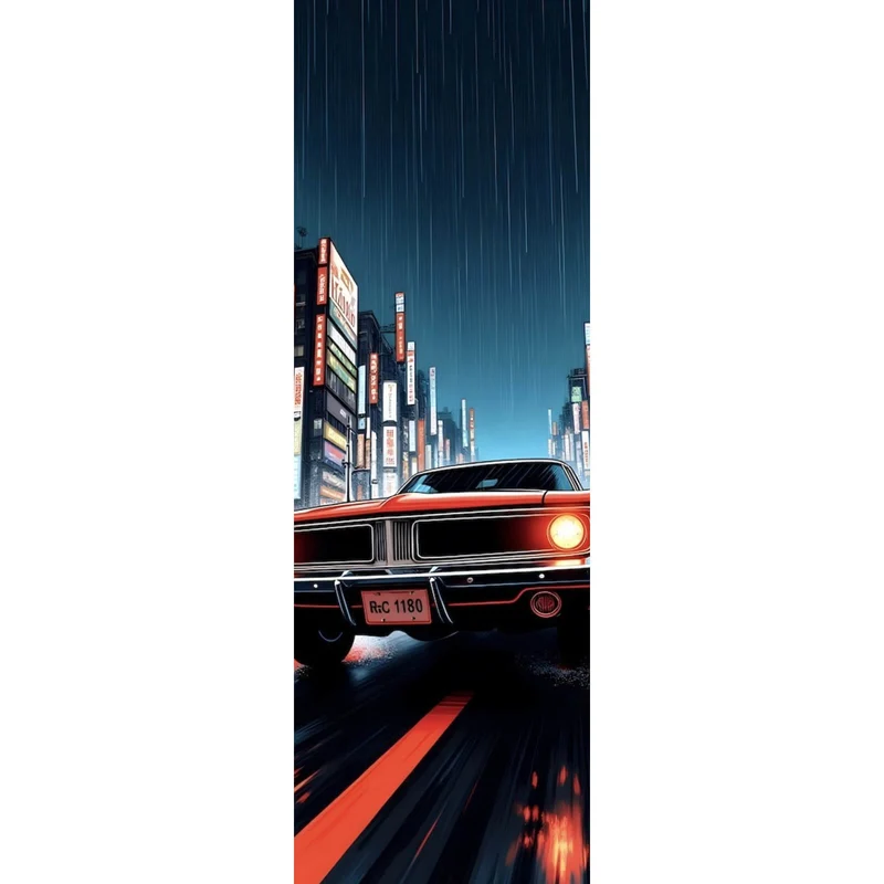 Aluminiumbild gebürstet Klassisches Auto fährt durch neonbeleuchtete Großstadt bei Regen Panorama Hoch