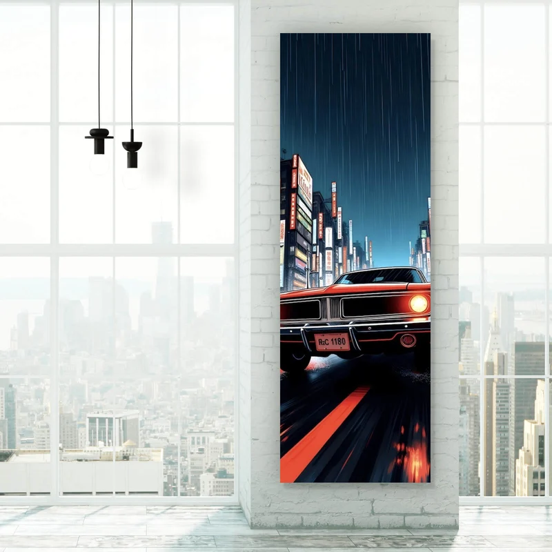 Leinwandbild Klassisches Auto fährt durch neonbeleuchtete Großstadt bei Regen Panorama Hoch