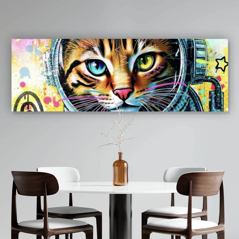 Acrylglasbild Bunte Astronautenkatze mit Pop Art Hintergrund Panorama