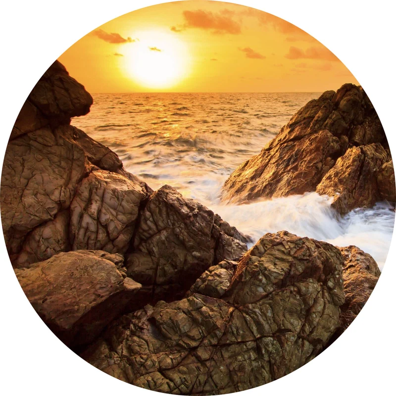 Aluminiumbild Sonnenuntergang über felsiger Küstenlandschaft Kreis