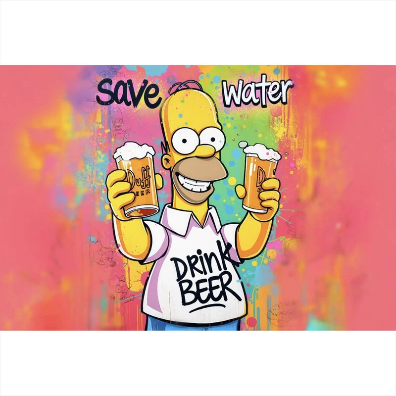 Poster Gelbe Comicfigur mit Spruch Save Water Drink Beer Querformat