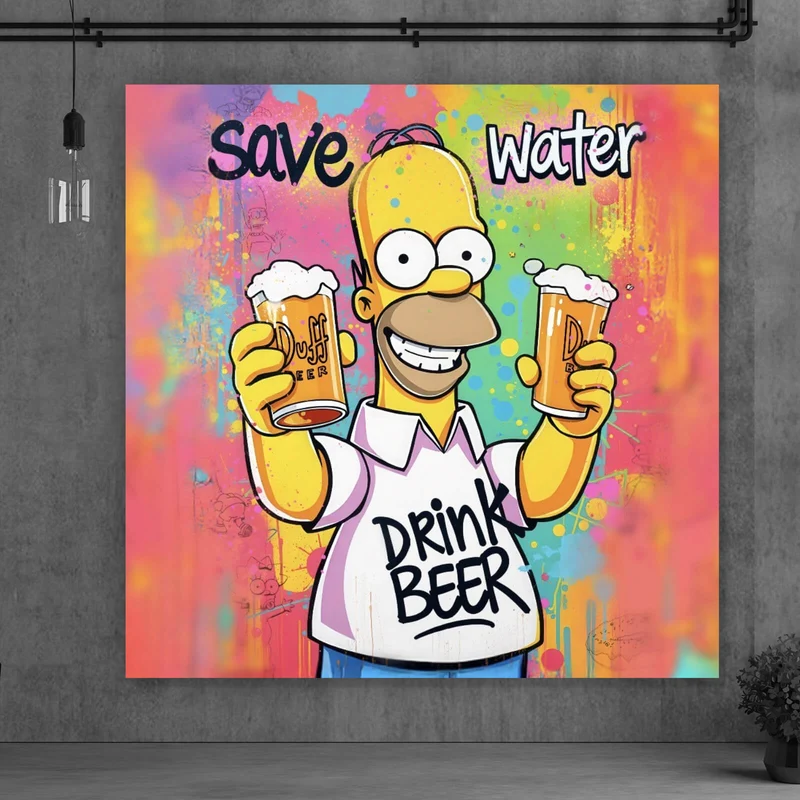 Spannrahmenbild Gelbe Comicfigur mit Spruch Save Water Drink Beer Quadrat