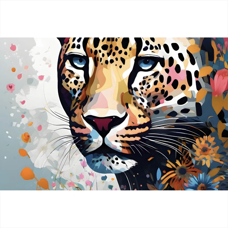 Spannrahmenbild Leopardenkopf in Blumenkomposition Querformat