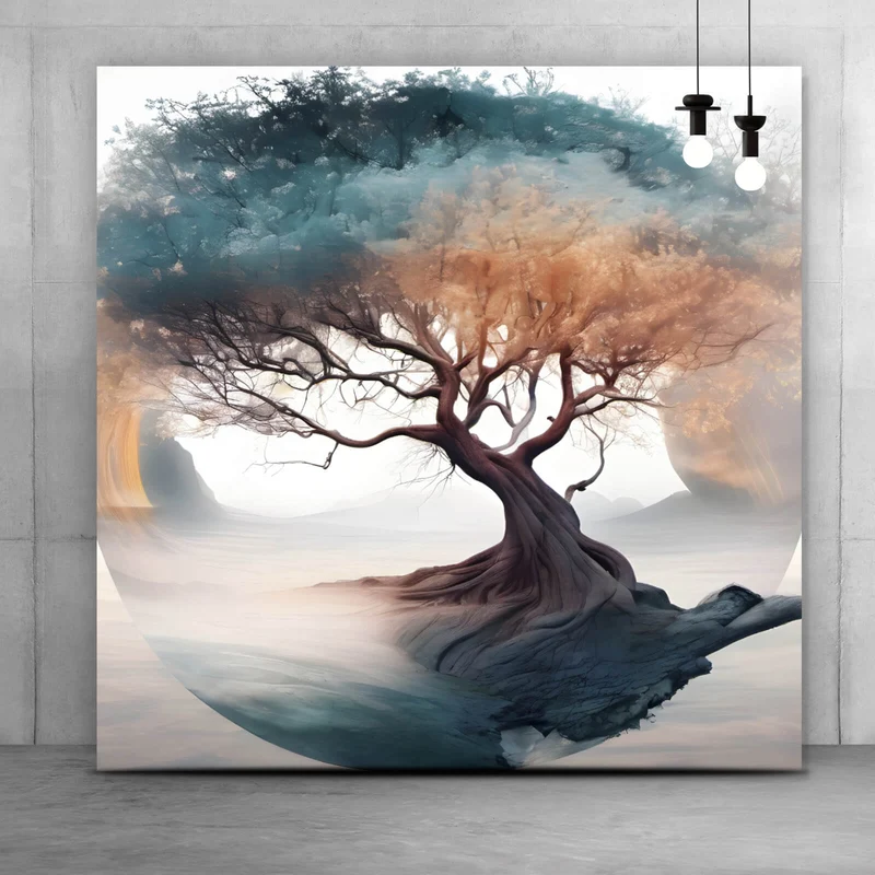 Leinwandbild Surrealer Baum im Nebel Quadrat