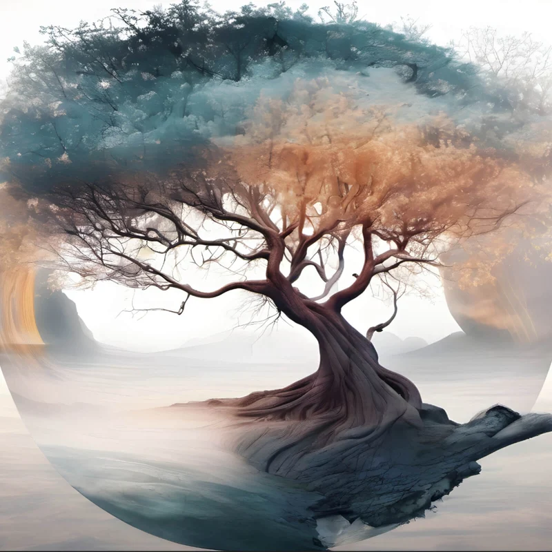 Poster Surrealer Baum im Nebel Quadrat