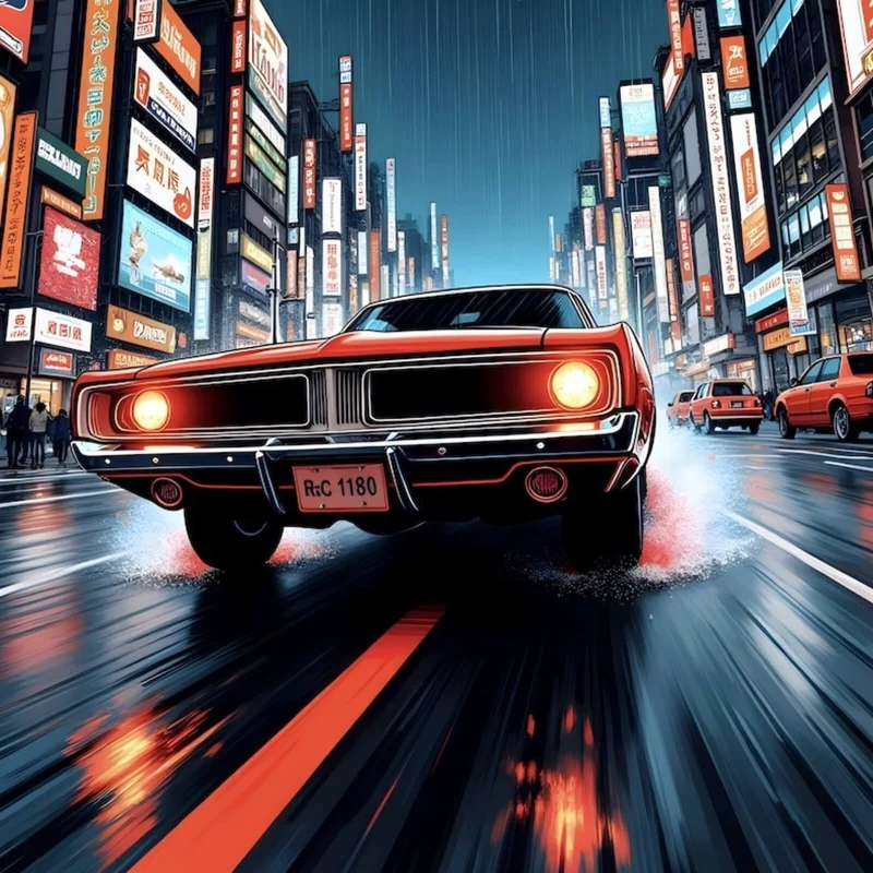 Spannrahmenbild Klassisches Auto fährt durch neonbeleuchtete Großstadt bei Regen Quadrat