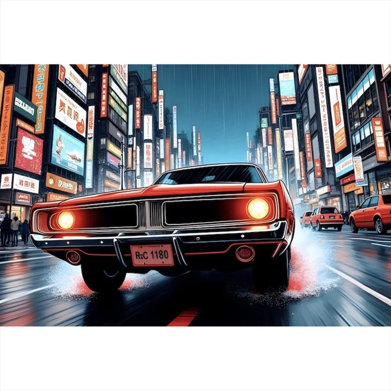 Spannrahmenbild Klassisches Auto fährt durch neonbeleuchtete Großstadt bei Regen Querformat