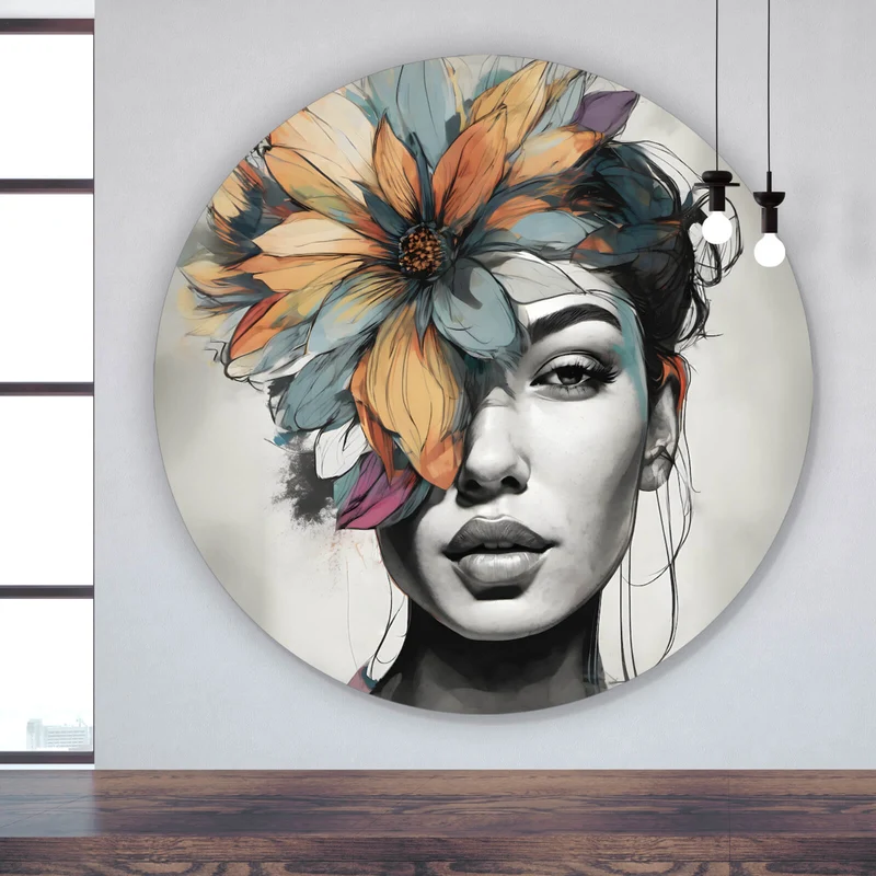 Aluminiumbild Abstraktes Frauenportrait mit Blumenkrone Kreis