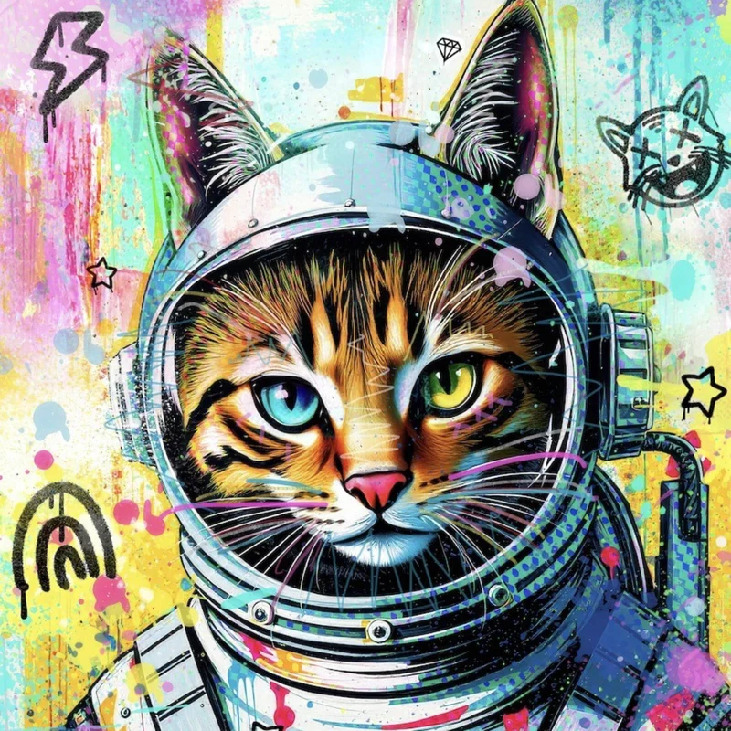 Aluminiumbild Bunte Astronautenkatze mit Pop Art Hintergrund Quadrat