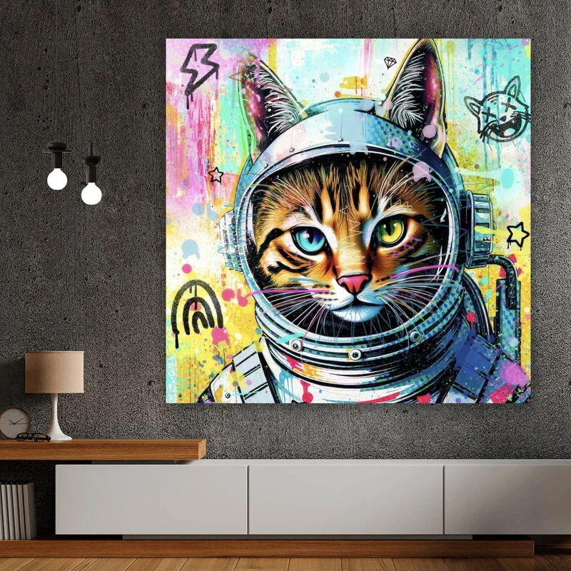 Poster Bunte Astronautenkatze mit Pop Art Hintergrund Quadrat