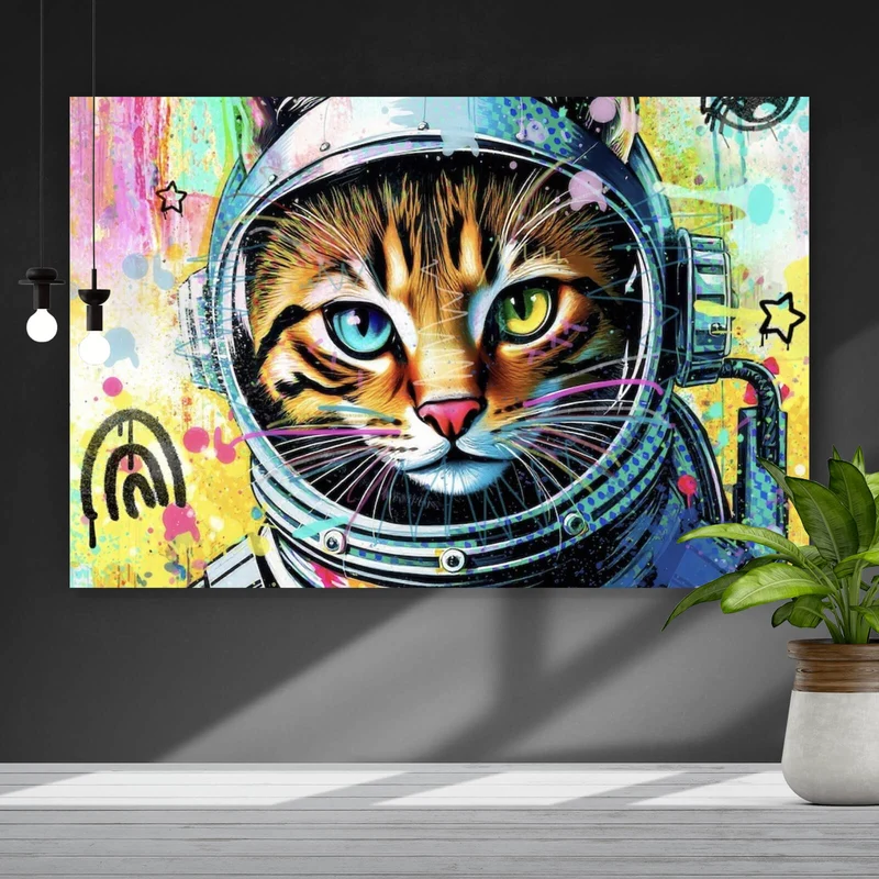 Acrylglasbild Bunte Astronautenkatze mit Pop Art Hintergrund Querformat