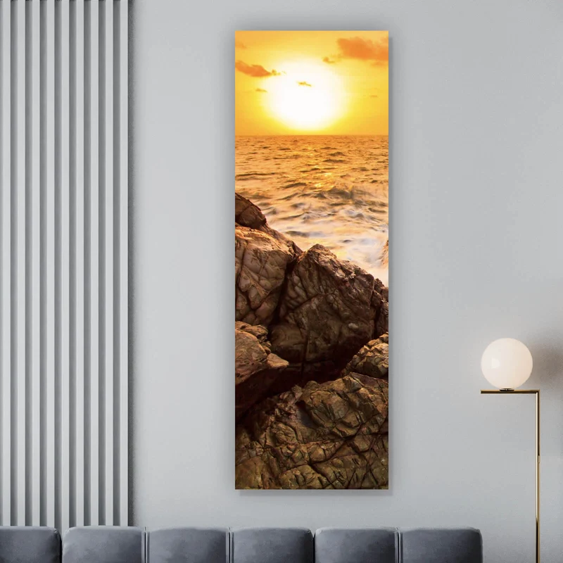 Acrylglasbild Sonnenuntergang über felsiger Küstenlandschaft Panorama Hoch