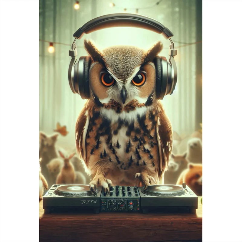 Poster Eule als DJ mit Kopfhörern Hochformat