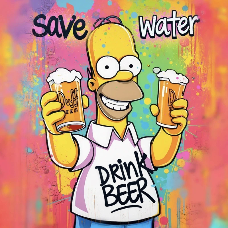 Poster Gelbe Comicfigur mit Spruch Save Water Drink Beer Quadrat