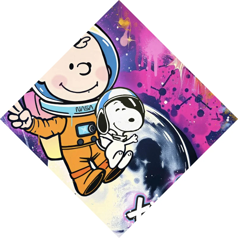 Leinwandbild Charlie und Snoopy im Weltall Pop Art Raute