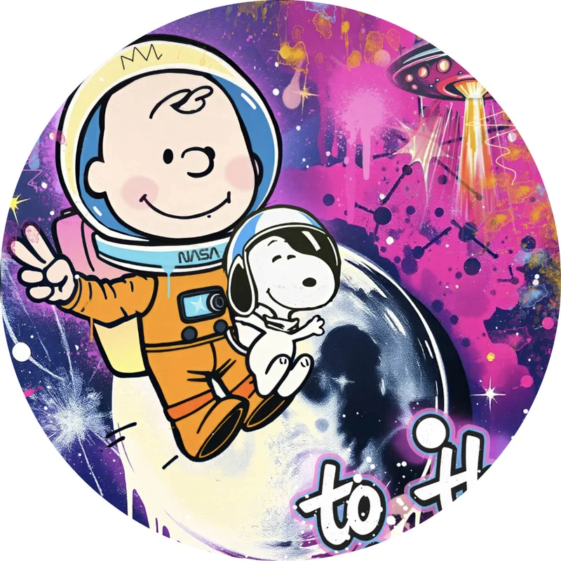Aluminiumbild gebürstet Charlie und Snoopy im Weltall Pop Art Kreis