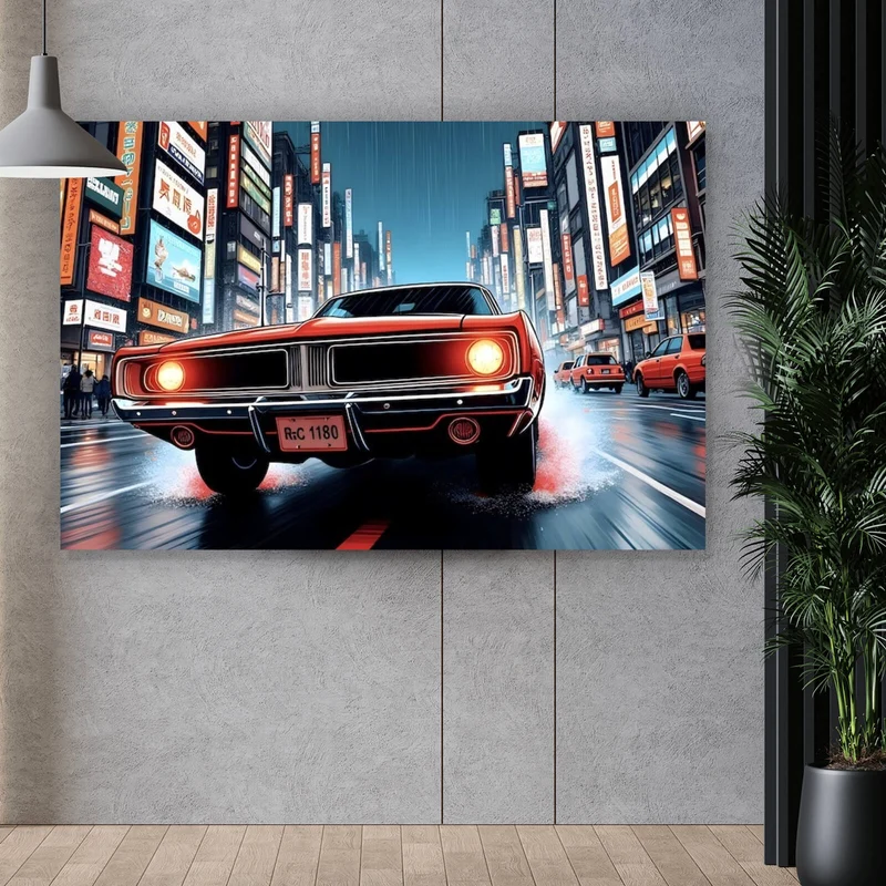 Poster Klassisches Auto fährt durch neonbeleuchtete Großstadt bei Regen Querformat