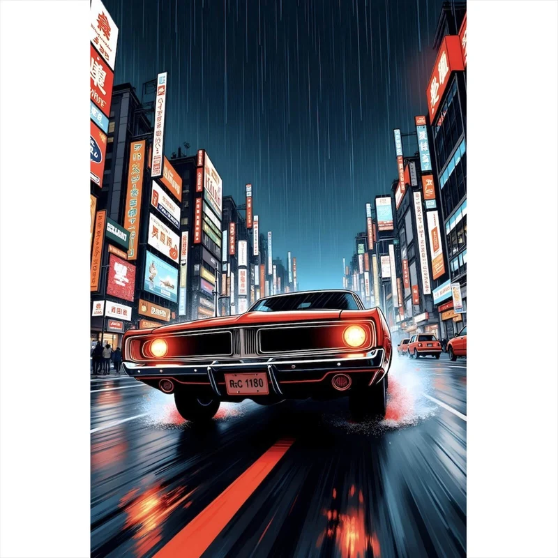Spannrahmenbild Klassisches Auto fährt durch neonbeleuchtete Großstadt bei Regen Hochformat