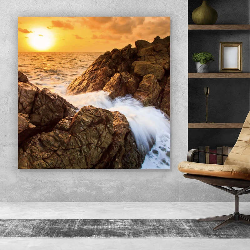 Poster Sonnenuntergang über felsiger Küstenlandschaft Quadrat