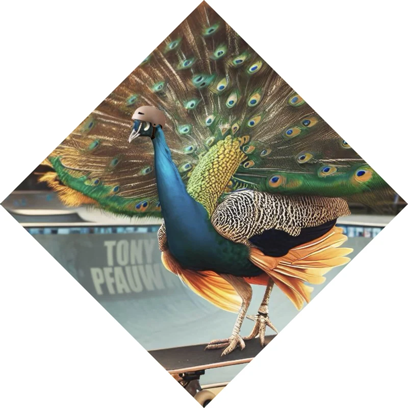 Acrylglasbild Pfau auf Skateboard mit prächtigen Federn Raute