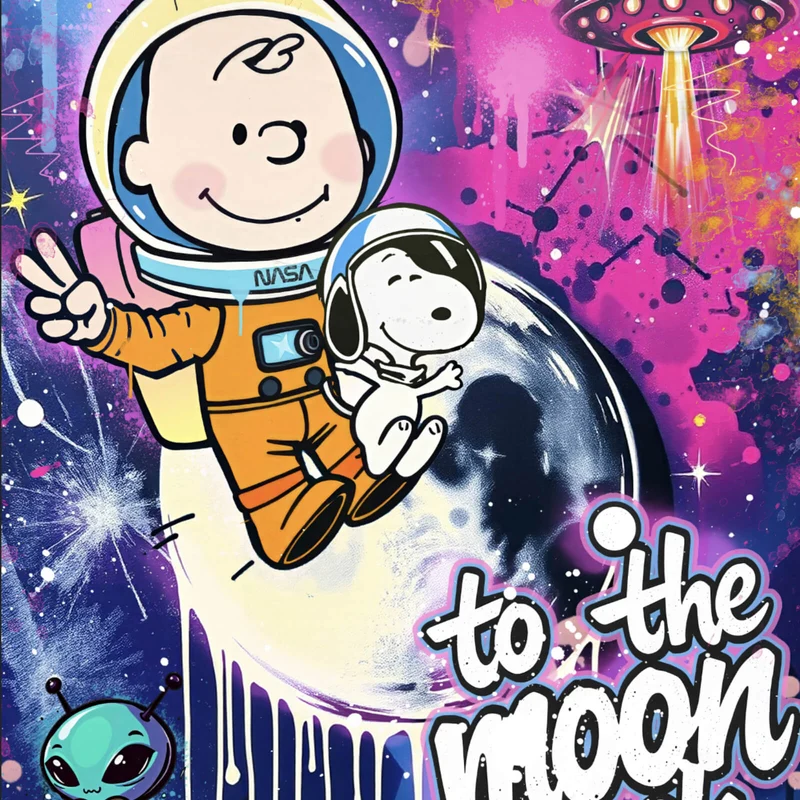 Spannrahmenbild Charlie und Snoopy im Weltall Pop Art Quadrat