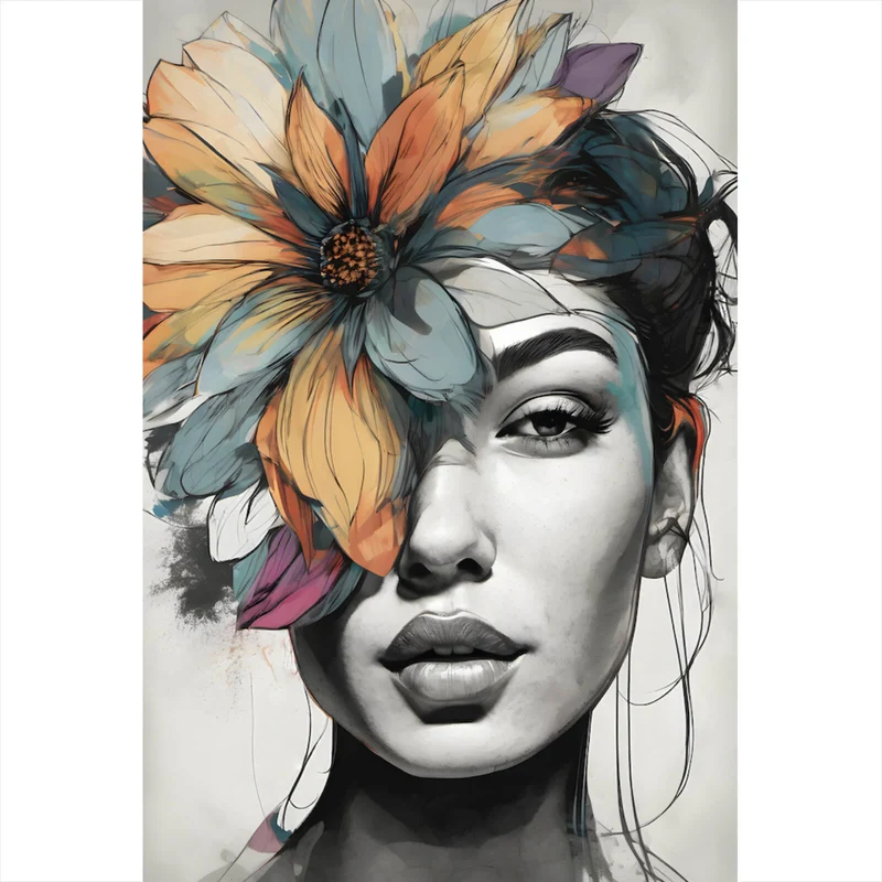Spannrahmenbild Abstraktes Frauenportrait mit Blumenkrone Hochformat