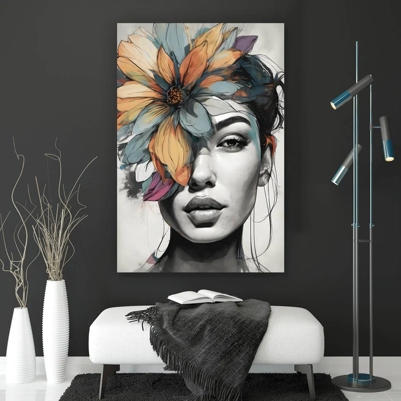 Aluminiumbild gebürstet Abstraktes Frauenportrait mit Blumenkrone Hochformat