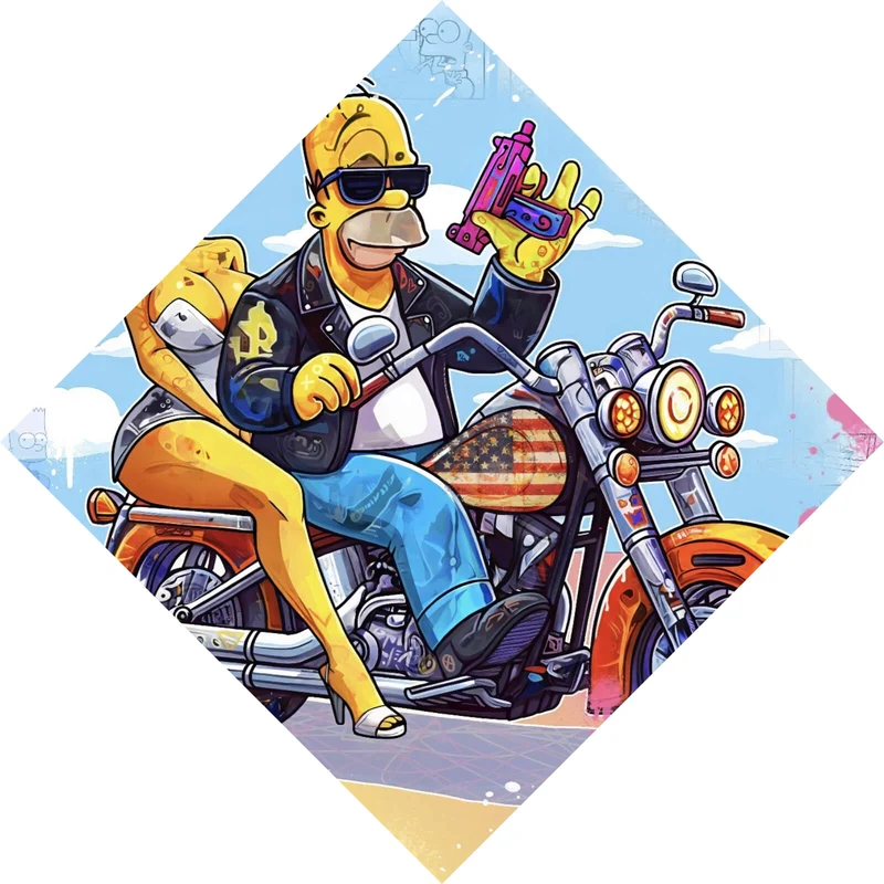 Spannrahmenbild Cartoon Paar auf Motorrad farbenfrohe Illustration Raute