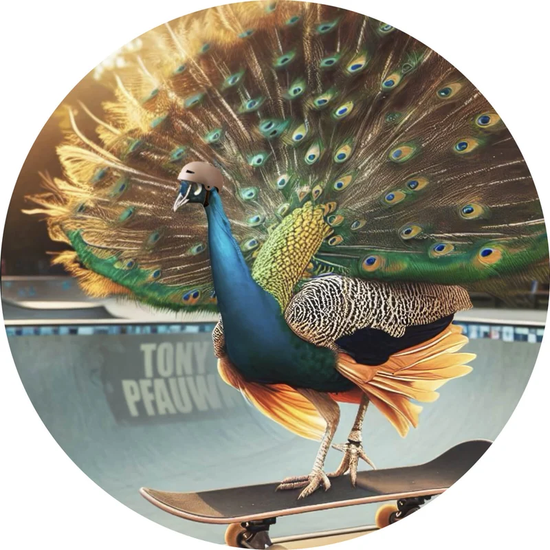 Aluminiumbild gebürstet Pfau auf Skateboard mit prächtigen Federn Kreis