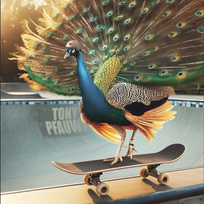 Acrylglasbild Pfau auf Skateboard mit prächtigen Federn Quadrat