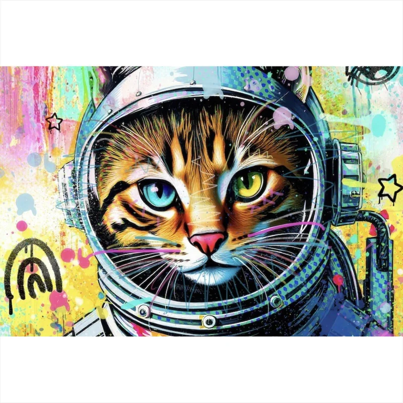 Leinwandbild Bunte Astronautenkatze mit Pop Art Hintergrund Querformat