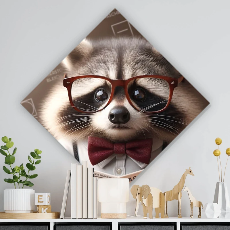 Aluminiumbild gebürstet Waschbär liest Zeitung Digital Art Raute